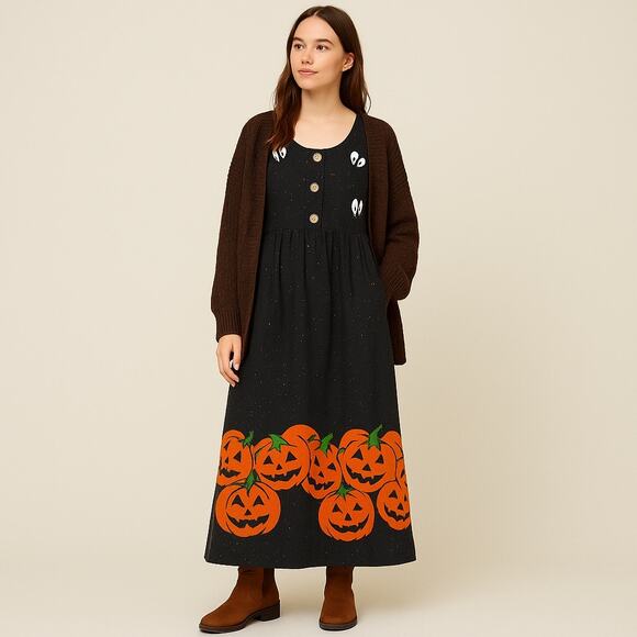 L.A. Artwear Handmade Halloween Maxi Dress Ghost Eyes Pumpkin Print Small/Medium - Picture 1 of 8